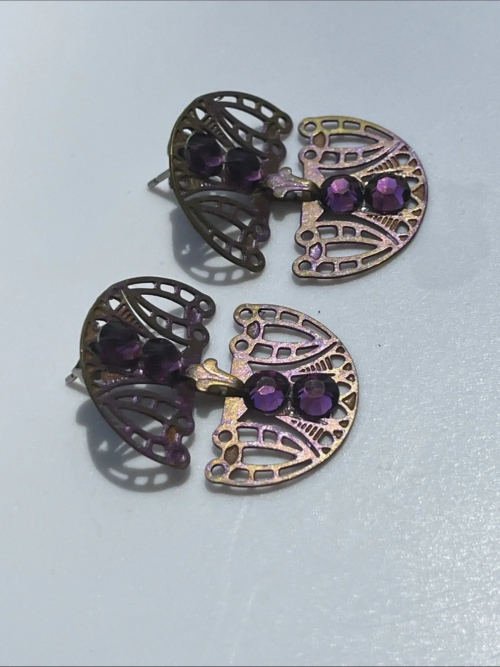 Purple/Pink Iridescent Art Deco Filigree Stud Earrings with Purple Stones